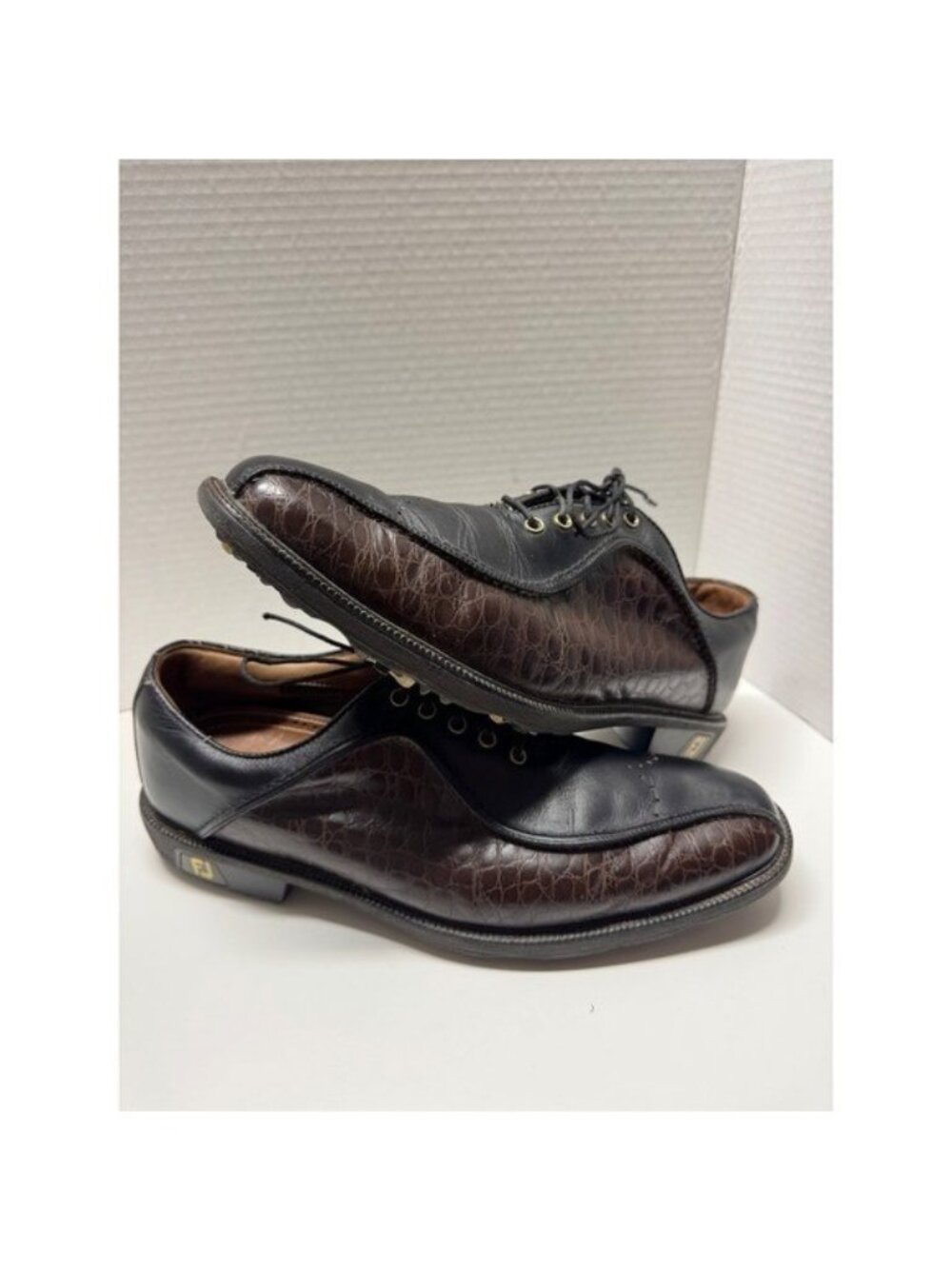 FootJoy DryJoys Icon Mens 10.5 M Black Brown Croc Embossed Leather Golf Shoes